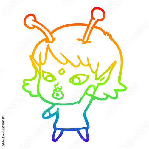 rainbow gradient line drawing pretty cartoon alien girl