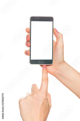 Woman holding black modern smart phone with isolated screen for app or web site presentation
