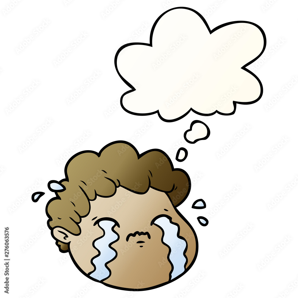 cartoon crying boy and thought bubble in smooth gradient style