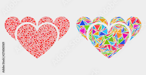 Love hearts mosaic icon of triangle items which have various sizes and shapes and colors. Geometric abstract vector illustration of love hearts.