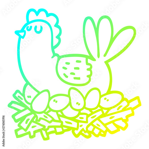 cold gradient line drawing cartoon chicken on nest of eggs