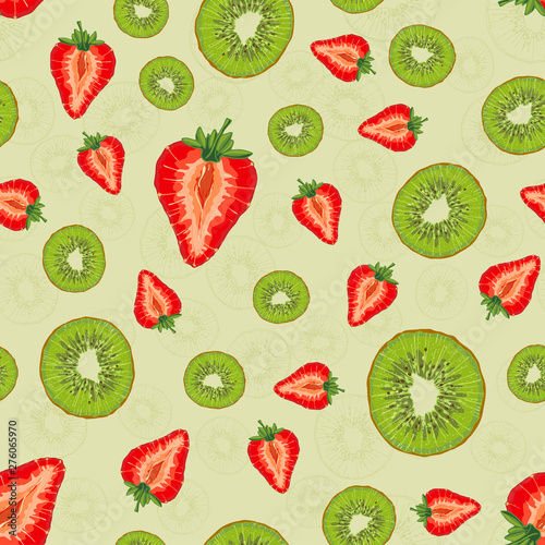 Vector seamless pattern with fruit slices. Kiwi and strawberries on a light green background