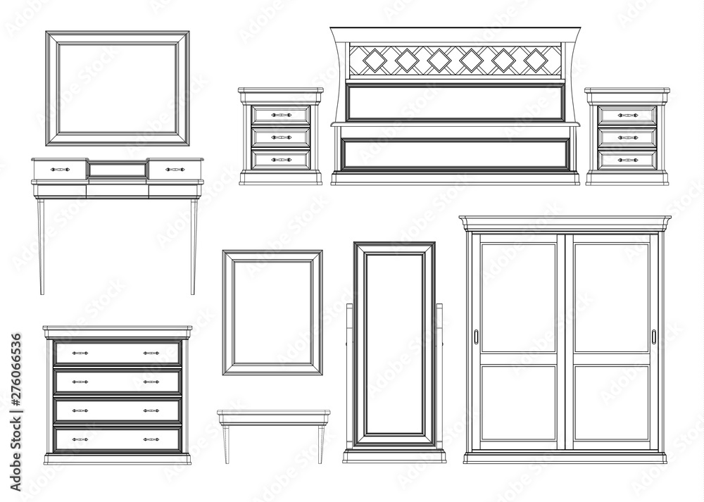 Bedroom set. Furniture linear drawings in vector. Bedroom set. Furniture linear drawings in vector.