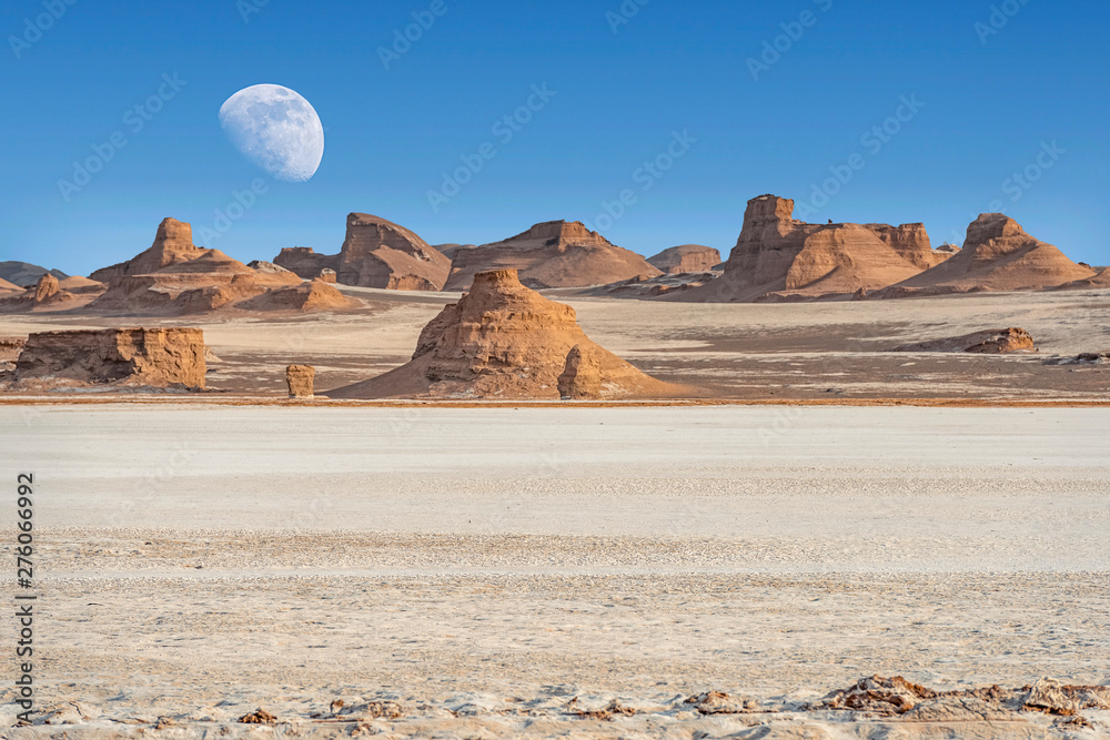 Dasht-e-Lut, Lut desert,hottest desert in the world, also known like Kalut Desert with full moon above horizon - obrazy, fototapety, plakaty 