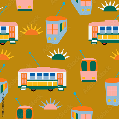 Lisabon buses and sun in a seamless pattern design