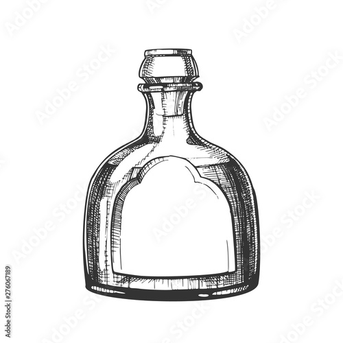 Blown Classic Mexican Tequila Glass Bottle Vector. Hand Drawn Modern Bottle With Blank Label For National Mexico Alcohol Drink Product. Made From Blue Agave Plant Beverage Package Cartoon Illustration