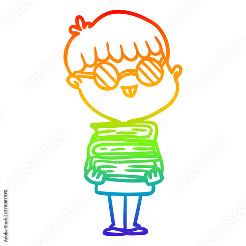 rainbow gradient line drawing cartoon nerd boy with spectacles and book