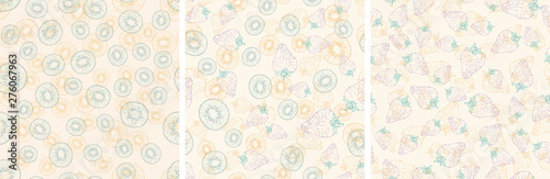 Set of vector seamless pattern with fruit slices. Kiwi and strawberries on a light beige background