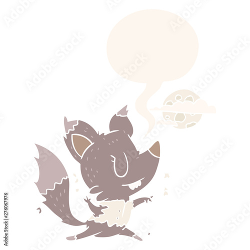 cartoon halloween werewolf changing in moonlight and speech bubble in retro style