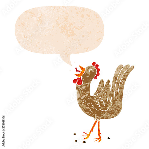 Canvas-taulu cartoon crowing cockerel and speech bubble in retro textured style