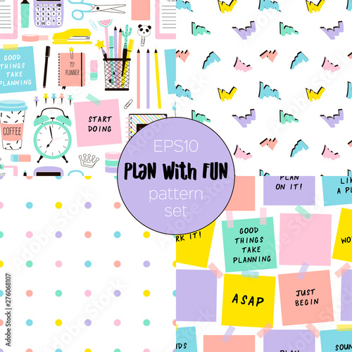 Plan with fun memphis style seamless pattern set. Desk accessories, marker scrawls, multicolor dots and sticky notes. Time planning hand drawn textures pack. Wallpaper, wrapping paper flat design