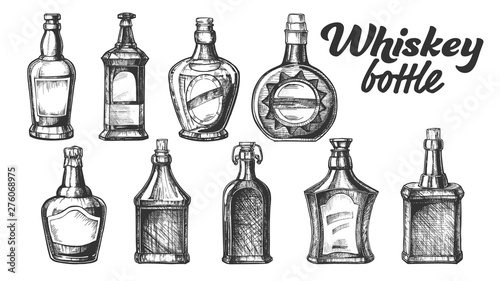 Collection Of Scotch Whisky Bottle Set Vector. Different Hand Drawn Stylish Modern And Vintage Bottle of Traditional England Grain Alcoholic Drink. Monochrome Mockup Design Cartoon Illustration