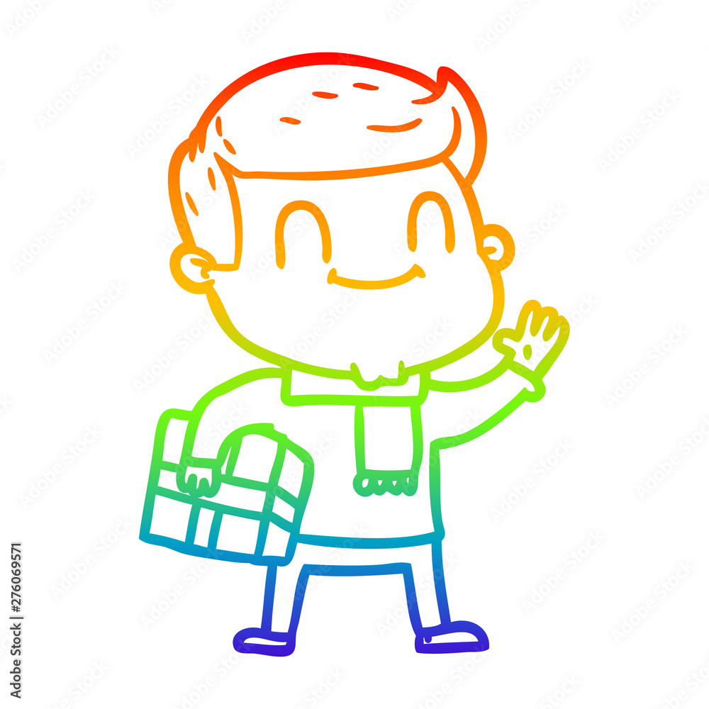 rainbow gradient line drawing cartoon friendly man with xmas gift