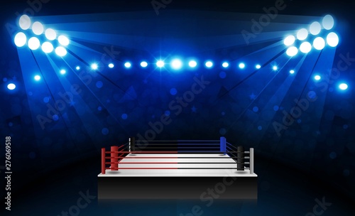 Boxing ring arena and floodlights vector design Bright stadium arena lights red blue.