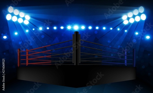 Boxing ring arena and floodlights vector design Bright stadium arena lights red blue.