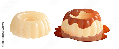Panna cotta dessert with and without caramel sauce. Vector illustration isolated on white background.