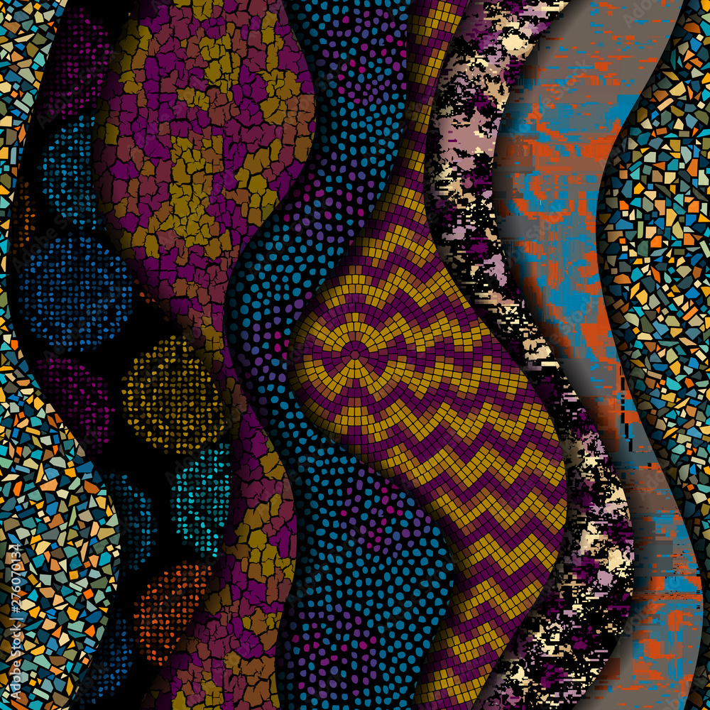 Relief waves of ornamental mosaic tile patterns Relief waves of ornamental mosaic tile patterns