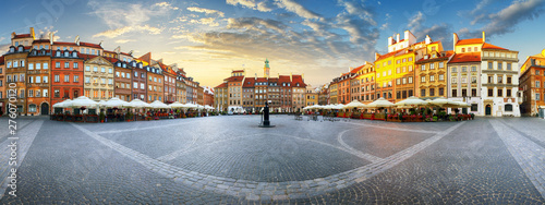 Panorama of Warsaw odl town square at sunset