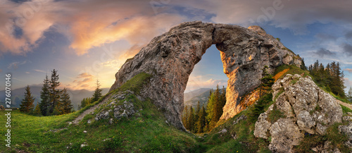 Fototapeta Naklejka Na Ścianę i Meble -  Mountain landscape with big rock at sunset - Low Tatras, Slovakia