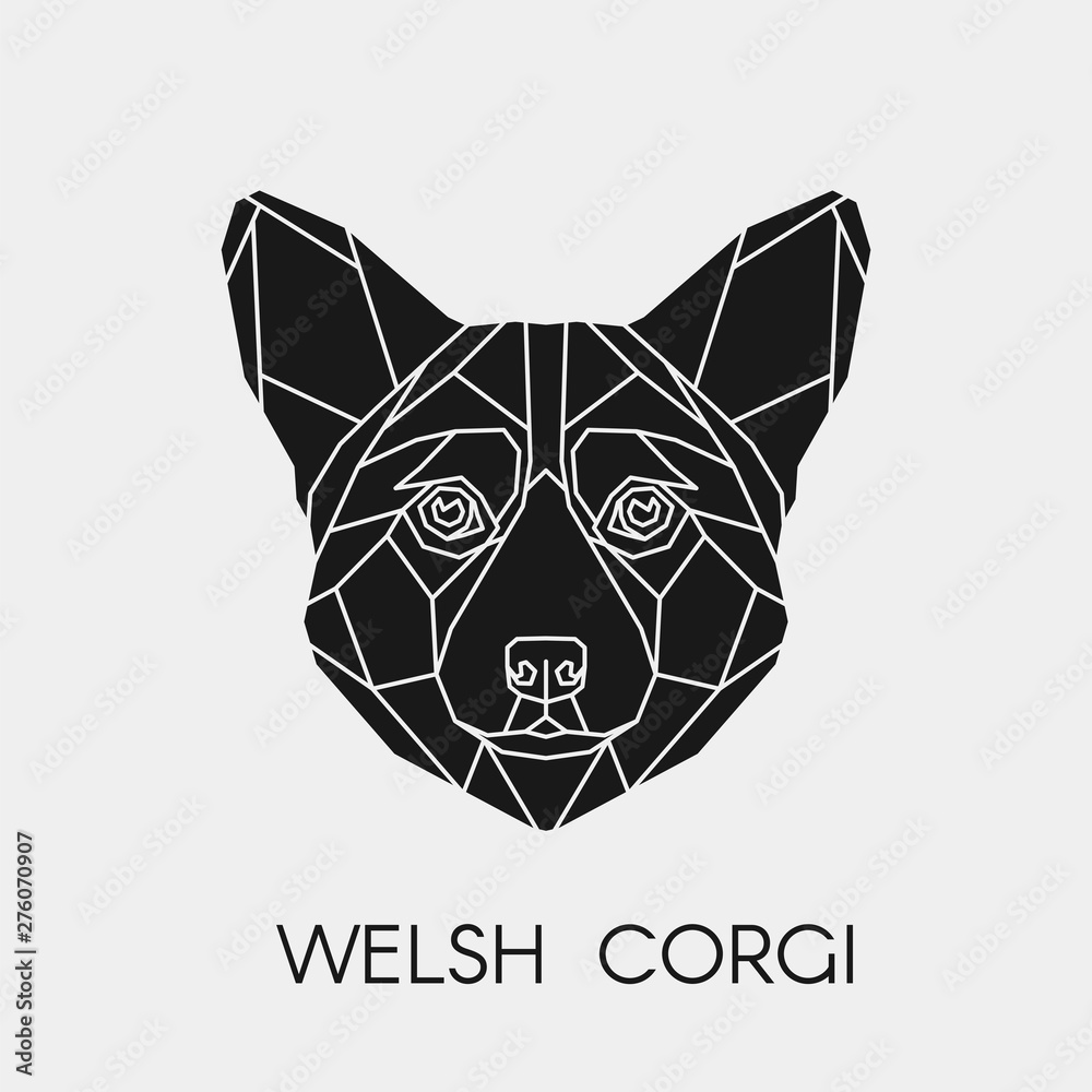 Fototapeta premium Geometric welsh corgi. Polygonal head of animal. Black silhouette. Vector illustration. 