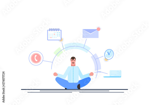Businessman is sitting and holding briefcase with office icons on the background. Multitasking and time management concept. Effective management. Vector illustration. - Vector
