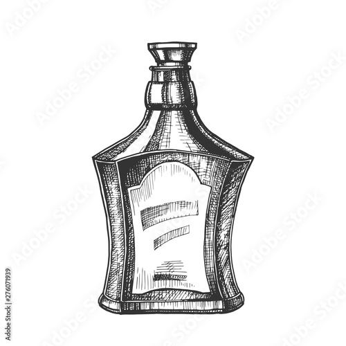 Drawn Scotch Bottle With Style Cork Cap Vector. Ink Design Sketch Bottle Of Traditional Alcoholic Scotland Drink. Concept Monochrome Flask With Blank Label Template Cartoon Illustration