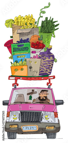 A cute classic european car with roof trunk full of farmer foods. Cartoon. Caricature.