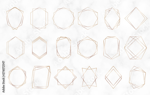 Gold geometric polygonal frames. Decorative lines borders. Luxury design elements for wedding invitation, blog posts, banner, celebration, card, save the date, poster, flyer	
