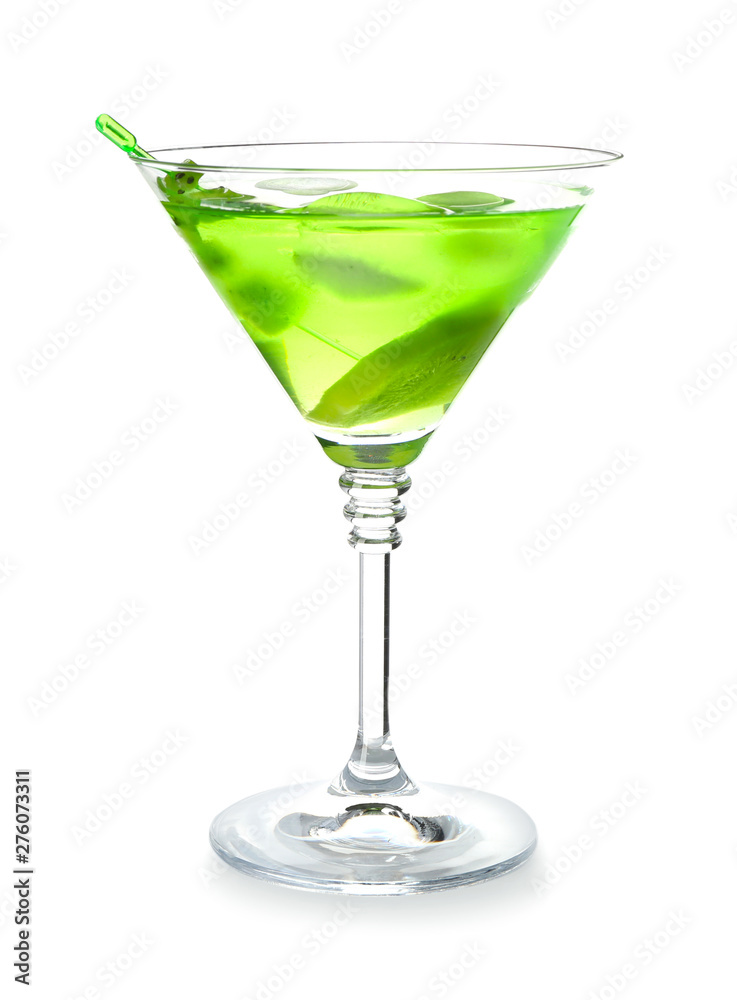 Glass with tasty summer cocktail on white background