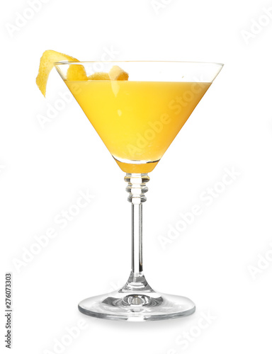 Glass of tasty summer cocktail on white background