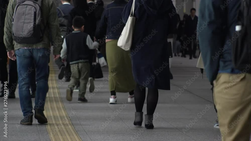 TOKYO, JAPAN - CIRCA APRIL 2019 : Scenery of RUSH HOUR at SHINJUKU. Back shot of unidentified crowd of people going back to home from work at night. TOKYO, JAPAN - CIRCA APRIL 2019 : Scenery of RUSH HOUR at SHINJUKU. Back shot of unidentified crowd of people going back to home from work at night.