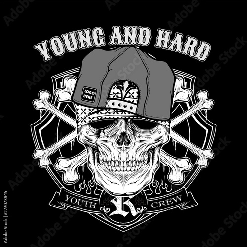skull young hard wearing cap. .vector hand drawing,Shirt designs, biker, disk jockey, gentleman, barber and many others.isolated and easy to edit. Vector Illustration - Vector