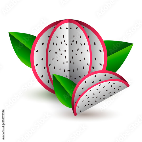 Vector tropical summer exotic fruit paper cut volumetric. Origami. Isolated color object on white background. Dragon fruit pitahaya and lobule