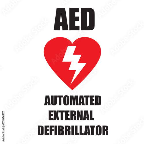 AED,automated external defibrillator / aed sign with heart and electricity symbol flat vector icon