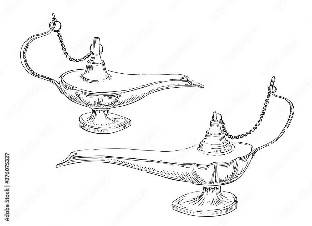 Aladdin magic or genie lamp. Vintage ink sketch hand drawn. Vector  illustration isolated on white background Stock-Vektorgrafik | Adobe Stock