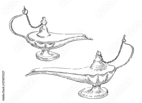 Aladdin magic or genie lamp. Vintage ink sketch hand drawn. Vector illustration isolated on white background