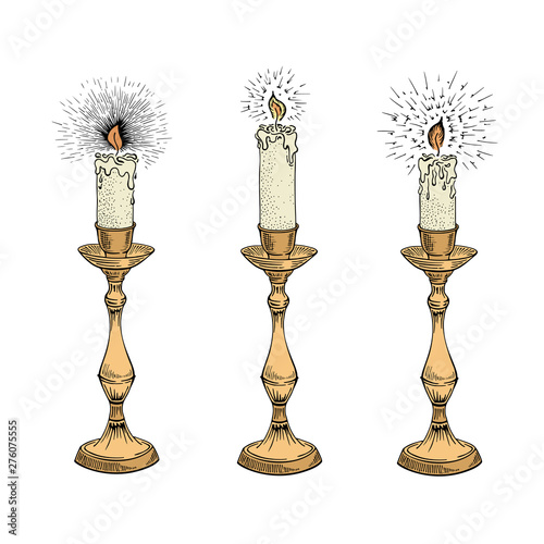 Candle sketch. Hand drawn vector illustration in vintage style. Vintage candlestick engraving in retro style. Vector illustration