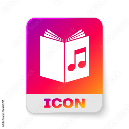 White Audio book icon isolated on white background. Musical note with book. Audio guide sign. Online learning concept. Rectangle color button. Vector Illustration