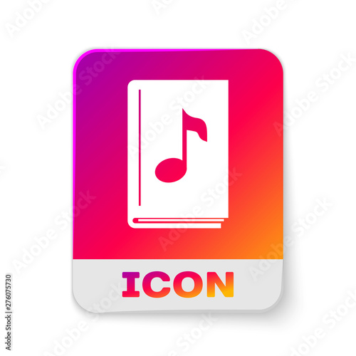 White Audio book icon isolated on white background. Musical note with book. Audio guide sign. Online learning concept. Rectangle color button. Vector Illustration