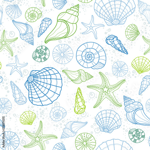 Fresh colorful seamless pattern with various shells, clams, starfish und snails, fun under water background, great for ocean themes, beach fabrics, summer textiles or background, wallpapers - vector