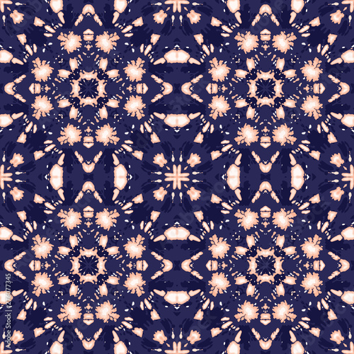 Abstract Vertical Mirrored Coral Tie-Dye Shibori Kaleidoscope Squares on Dark Indigo Backrgound Vector Seamless Pattern