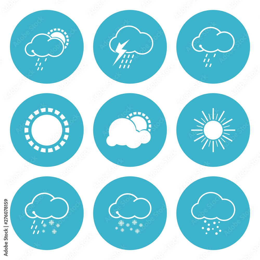 Weather icons set, rains and cloudy, sunny and snowfall, sleet and t-storms, hail and sun, vector illustration
