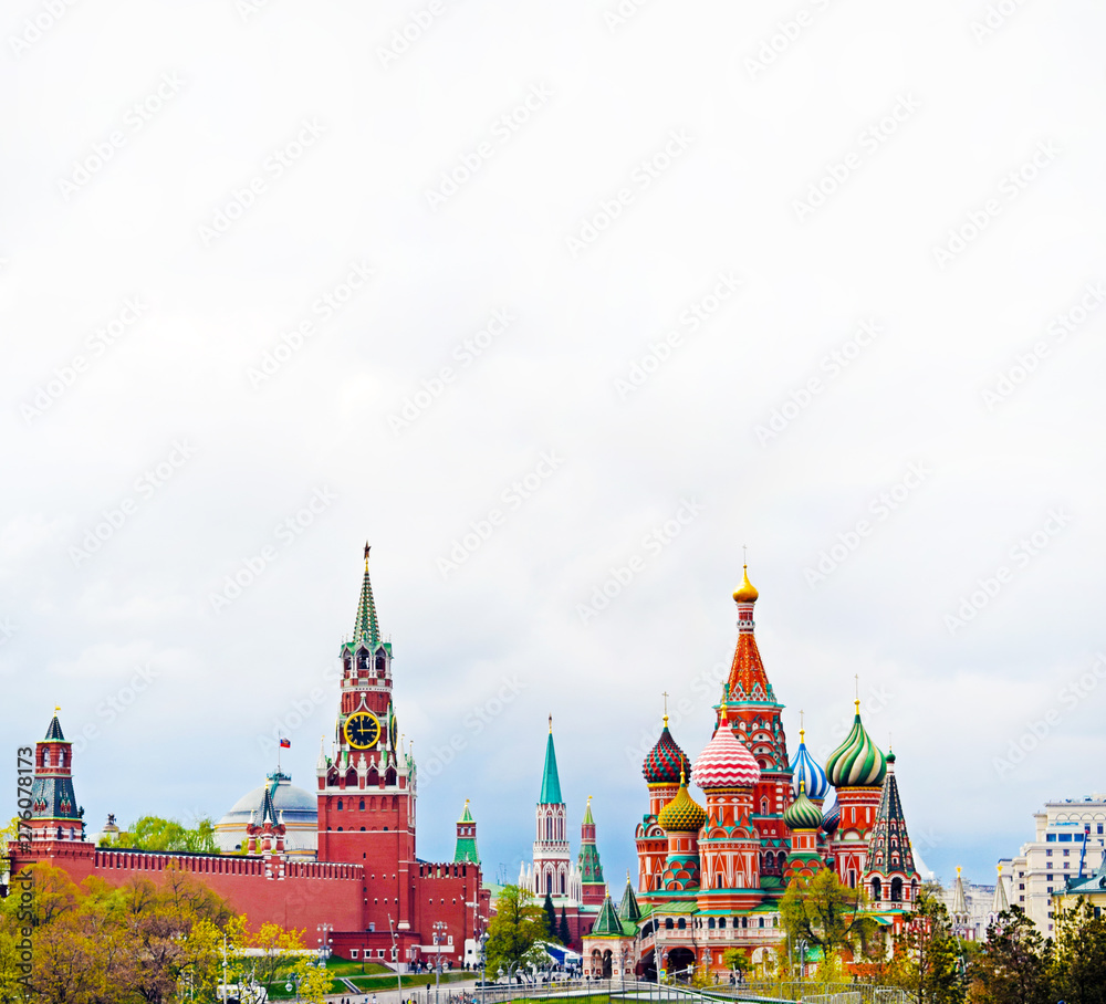 Moscow, Russia - may 2, 2019. Beautiful view of the Kremlin, St. Basil's Cathedral and Red Square. City center. Copy space.