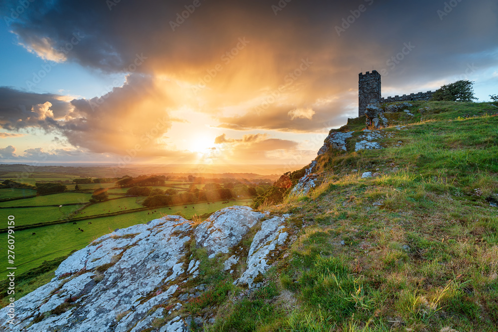 Dramatic sunset over the chapel on Brentor