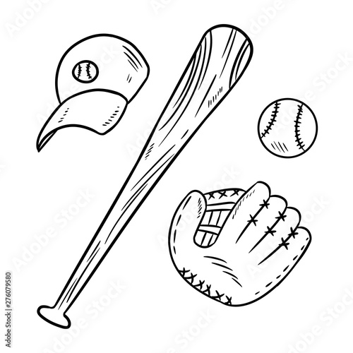 Baseball, baseball bat, hat and catchig glove doodles. Hand drawn sketch image set