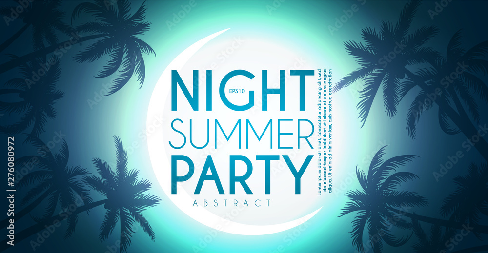 Tropic night summer party design template. Palms on a beach with light effects.