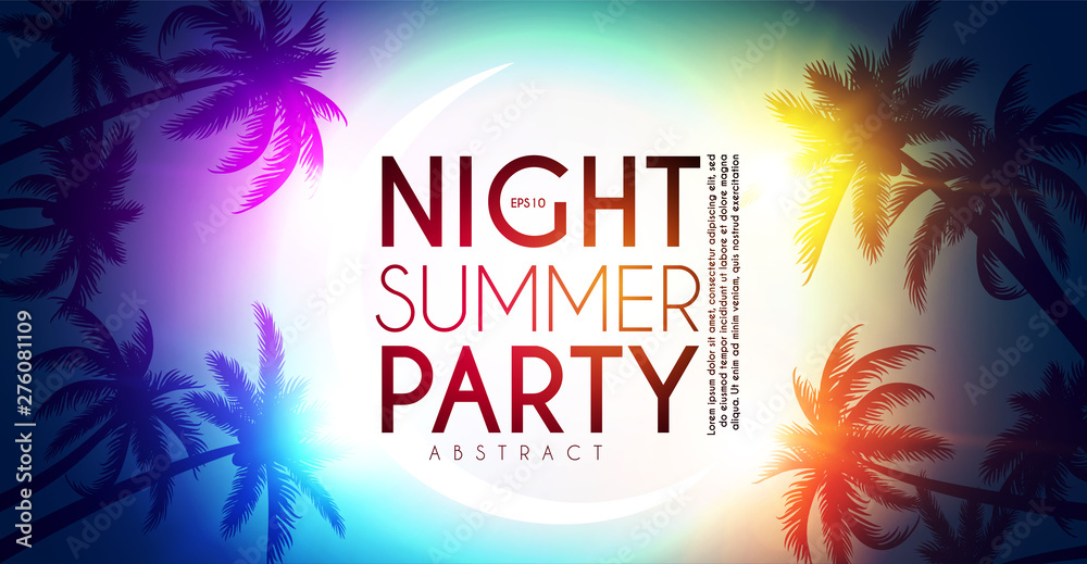Tropic night summer party design template. Palms on a beach with light effects.