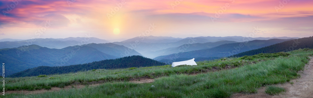 ultralight white tent in the mountains