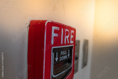 Emergency of Fire alarm system notifier or alert or bell warning equipment use when on fire for Manual Pull. decoration image contain certain grain  noise and soft focus.
