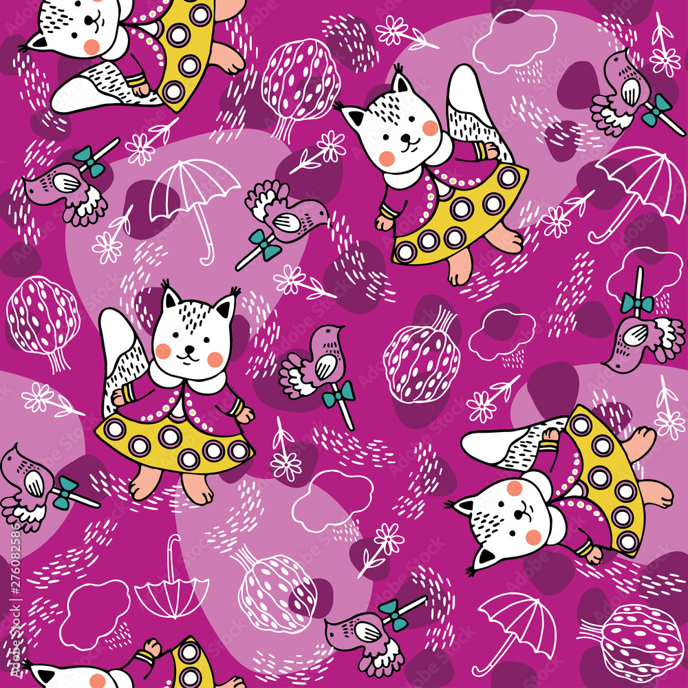 Seamless pattern with squirrels, lollipops, trees and clouds.